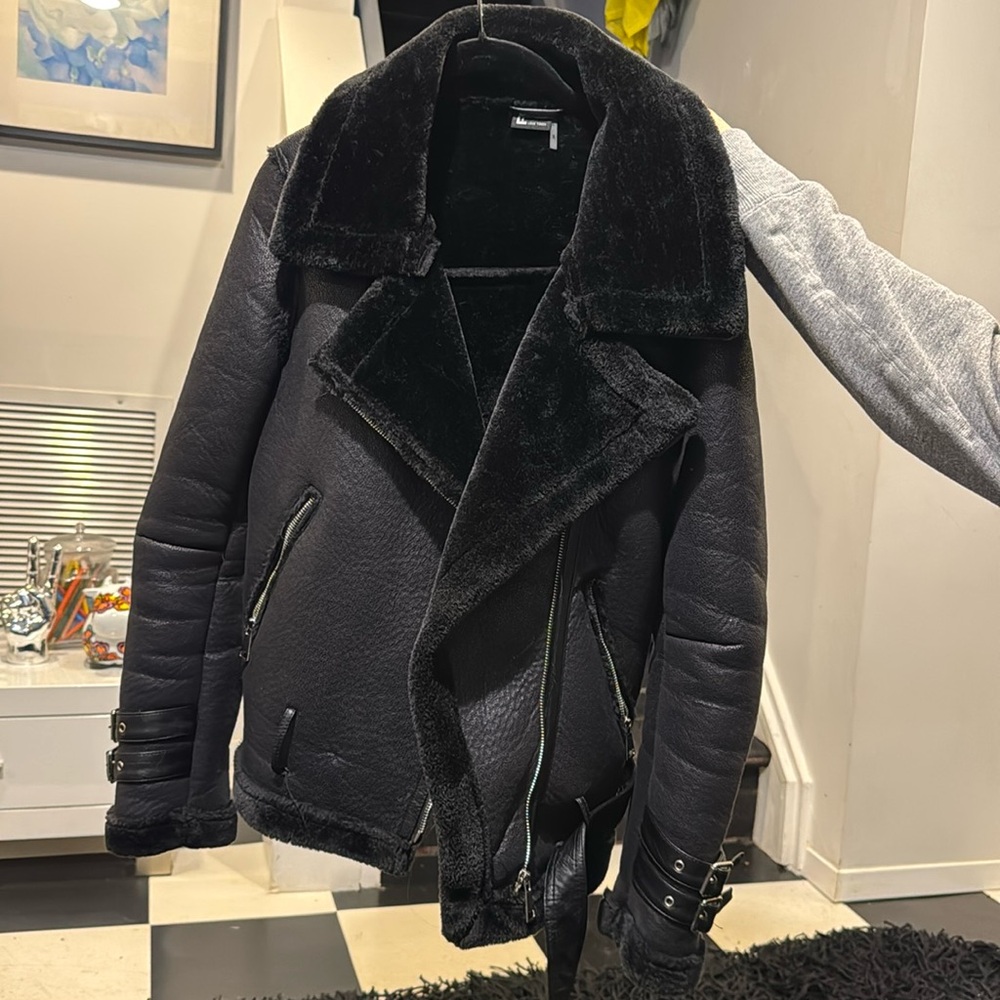 Black Love Token faux fur and leather moto jacket with belt